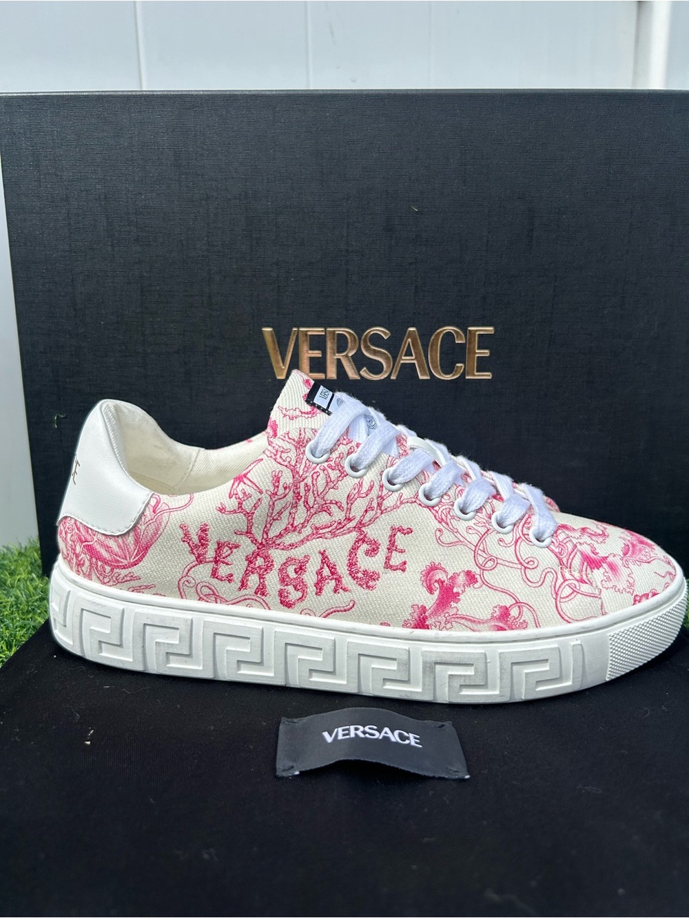VERSACE UNDERWATER BAROCCO SNEAKERS OFF-WHITE PINK PRINT LOGO GRECA TRIM SZ 38